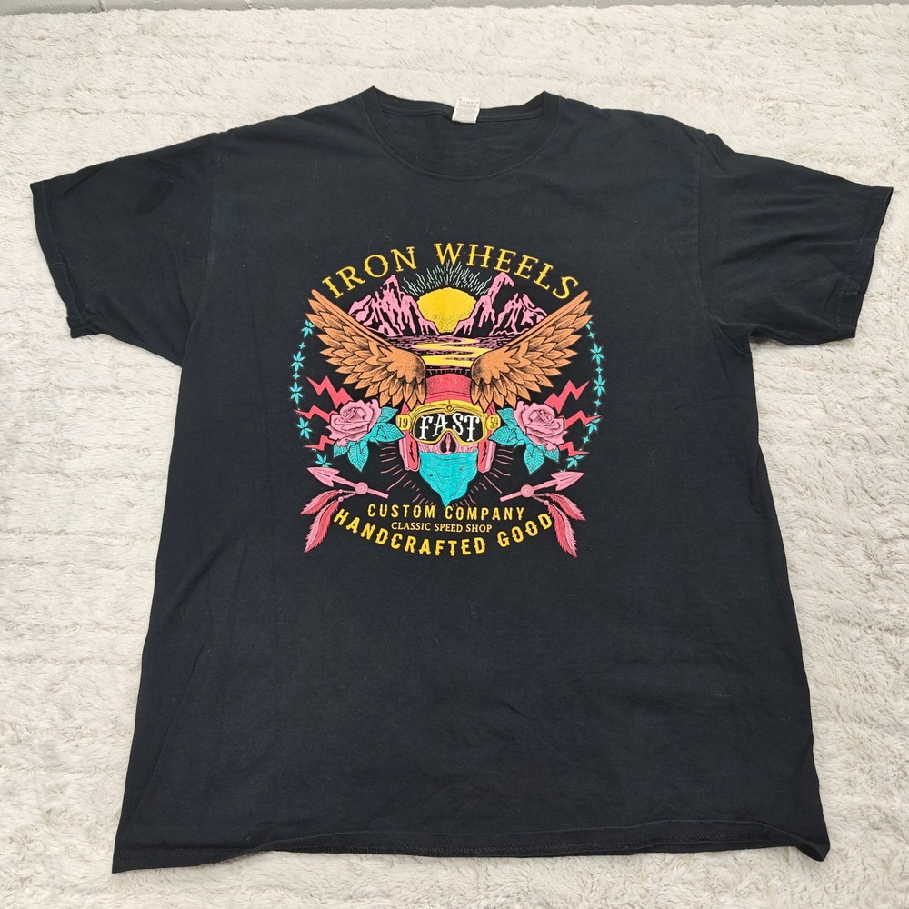 Iron Wheels Custom Company Womens L Graphic T Shirt Black Fast Motorcycle Shop
